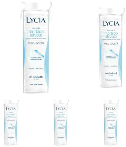 Lycia - Original Dischetti Struccanti 80 pezzi, Dischetti 100% Cotone, Doppia Trama per Rimuovere con un lato e Perfezionare con l'altro (Confezione da 5)
