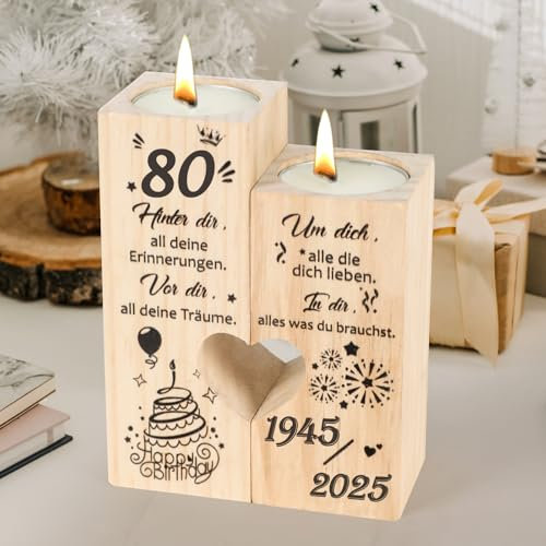 Seutgjie Deko 80 Geburtstag Frau Mann Geschenk Kerzenständer Holz Personalisiert 1945 bis 2025 für Mama Schwester Freundin Kollegin Coole Geschenkideen