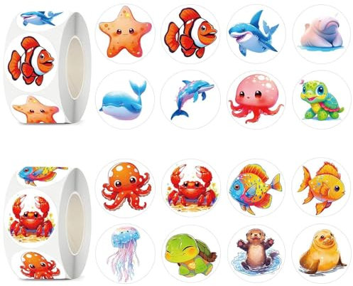 1000Pcs Sea Animal Stickers Ocean Animal Labels Roll Stickers Ocean Animal Party Favors Waterproof Vinyl Stickers for Kids, Adults Water Bottle Laptop Guitar Phone Scrapbook Card Envelope Décor