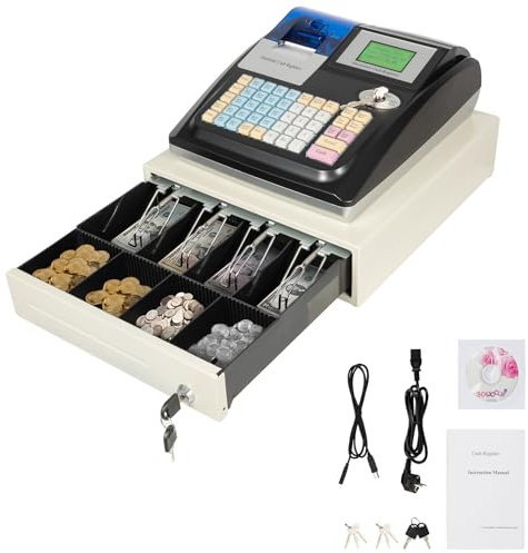 OUKANING Elektronische Registrierkasse Englische Version - Gewerbekasse 48 Tasten Einzelhandelskasse mit LED Anzeige POS Registrierkasse Catering Retail Kassensystem