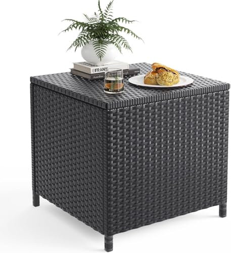 UDPATIO Polyrattan Beistelltisch mit Deckel,Storage Gartentisch,Balkontisch Wetterfest for Kleiner Balkon,Terrasse,Garten,53x53x50CM,Schwarz