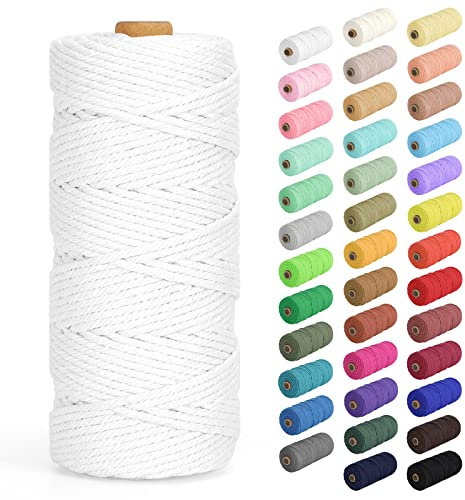 Makramee Garn 3mm x 100m, Baumwollkordel Farbig Baumwollgarn Geflochten Baumwollseil, Natürliche Baumwollschnur für Makramee Wandbehang, Blumenampel, Vorhang und Mehr DIY Deco, Weiß