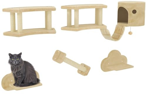 PawHut Kletterwand Set, 5-teilig Katzenmöbel Mit Kratzstamm, Sprungplattformen, Leiter, Haus, Wandgerüst, für Katzen Bis 5 kg, Plüsch, Beige