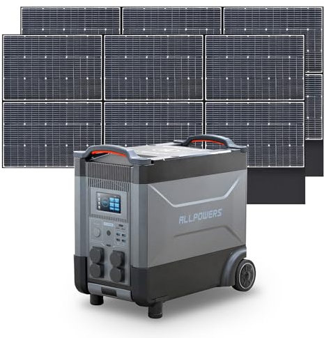 ALLPOWERS R4000 Centrale elettrica portatile con Pannello Solare 2 x SP039 da 600W, 3456Wh LiFePO4 Espandibile Generatore Solare, 4 Uscità AC 4000W per Backup Domestico, Campeggi, RV e Feste