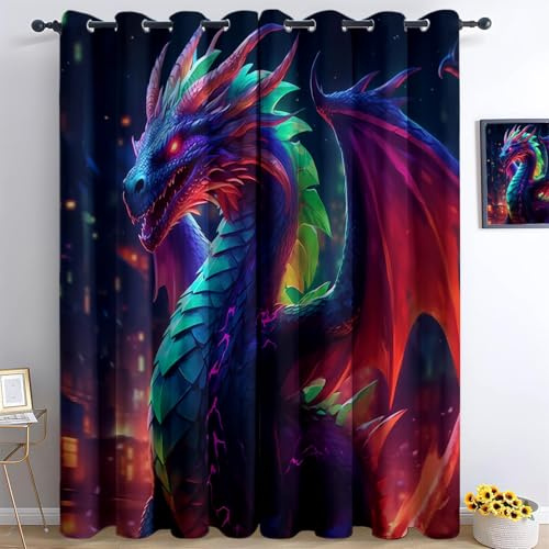 Srigzcaly Coppia Tende Oscuranti Drago anime che vola nel cielo notturno Tenda Isolante con Anelli per Soggiorno Camera Ufficio Balcone Porta Finestra 2 Pannelli (Multicolore, 91.5L x 214A cm)