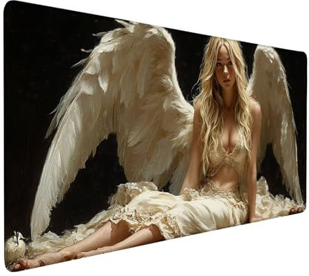 Tapis de Souris Blanc, Tapis de Souris XXL 1200x600mm Sous Main Bureau Grand, Ange (1) Mouse Pad, Tapis Gamer Imperméable, Mouse Pad avec Base Anti-Dérapage pour Bureau, Travail - Hommes Cadeau J1-634