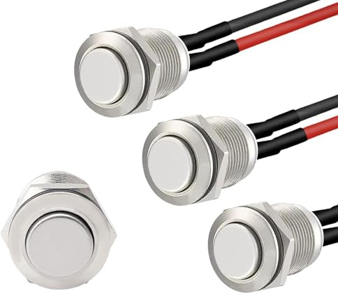Paquete de 3 interruptores de botón precableados impermeables de 12 V, momentáneo (autorestablecimiento), mini botón de arranque redondo de acero inoxidable, pequeño interruptor de alimentación