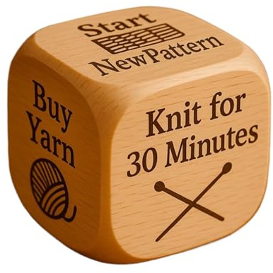 Strickwürfel - Entscheidungswürfel aus Holz zum Nähen, Kunst mit Bastelzubehör-Funktion, lustige Spiele für Bastler, Mütter, Freunde, Großmütter, Naturholz, Geschenk, 5 x 5 x 7,5 cm