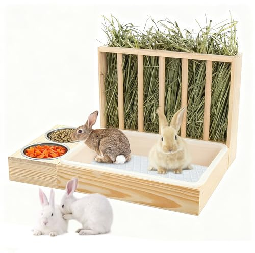 Râtelier à Foin en Bois, Grand Râtelier à Foin Multifonction avec Toilettes et Gamelle Mangeur de Foin de Lapin Support à Nourriture en Herbe pour Lapins Nains Cochons d'Inde Hamsters