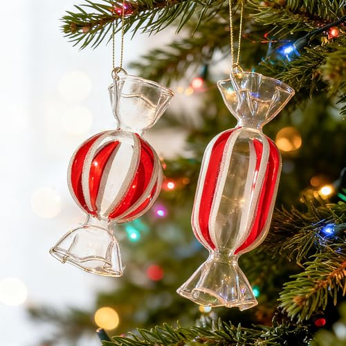 DN DECONATION Weihnachtskugeln Bonbons Glas 2-TLG, Rot-Weiße Transparent | Bonbon Weihnachtsschmuck, Christbaumkugeln Süßer Weihnachtsanhänger für Tannenbaum, Winterfeier & Wohnaccessoires