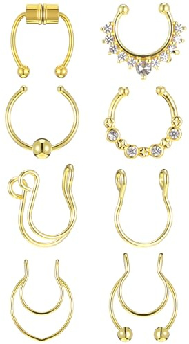 HekouJiub 8 Stück Fake Septum Piercing Gold 16/20G Magnet Fake Piercing Nasenring für Damen Hufeisenringe Chirurgenstahl Clip-on Septum Ring Faux Lippenpiercings Schmuck für Damen Herren