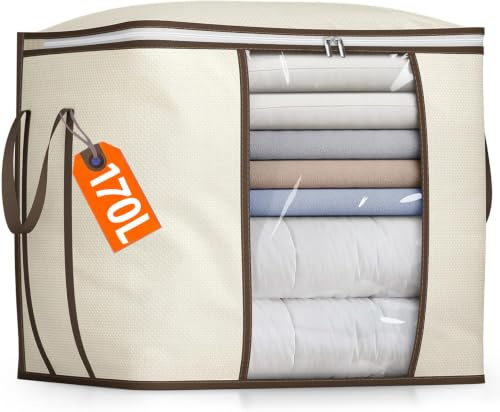 MISSLO 170L Large Duvet Storage Bag King Size, Sturdy Fabric Clothes Storage Bag with Zips and Handles, Foldable Bedding Storage for Blankets, Pillows, Linens, Quilts (Beige)