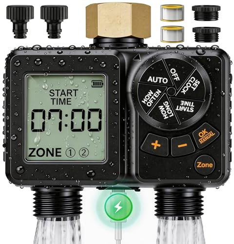 Yaskyly Programador de Riego 2 Salidas, 2000mAh Recargable IPX6 Impermeable Temporizador Riego con Entrada de Latón, LCD 2.8, Retardo por Lluvia, Riego Automático y Manual para Jardín, Patio, Césped