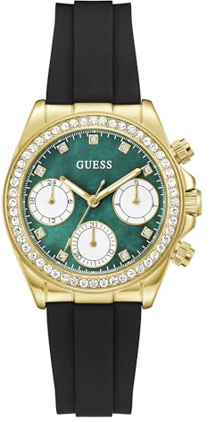 Guess Victoria, Damen Armbanduhr, Quarz Analog, Edelstahl, 36mm, Silikonarmband, Schwarz, 5 bar, Zifferblattfarbe: Grün, Datumsanzeige, GW1038L2