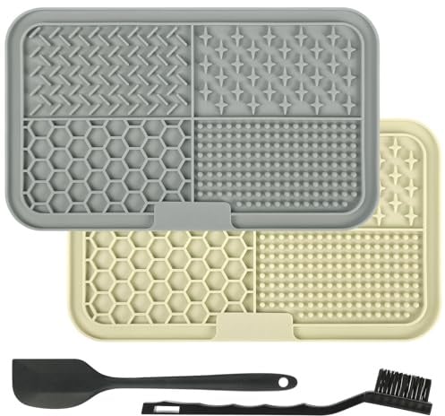 Adiwo 2 stycken slickmattor för hundar och katter med sugkoppar, långsam matare med spade och borste, ångestreducerande, matmatta för jordnötssmör och yoghurt (beige och grå)