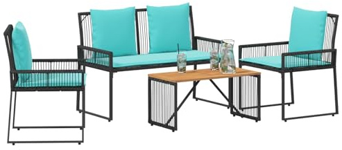 vidaXL Gartenmöbel Set mit Kissen 9 pcs Schwarz und Türkis Poly-Rattan, Gartenmöbelset, rustikales Design, wetterfest, schicke Rattan-Sitzgruppe für Terrasse, Komfort und Entspannung