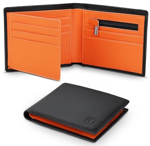 TEEHON RFID Blocking Mens Wallets – Slim Genuine Leather Wallets for Men UK | Wallet with 11 Card Slots, 2 Note Compartments & Coin Pocket – Minimalist Men Wallet with Gift Box (Black & Orange)