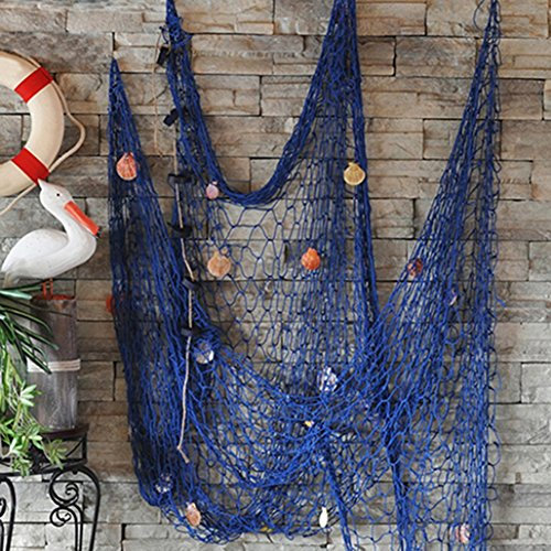 Dekoratives Fischernetz, Wanddekoration mit Muscheln, Schießwand, Bar, Strand, Party, Dekoration, Foto, zum Aufhängen, Größe 1 x 2 m (blau + Muschel)