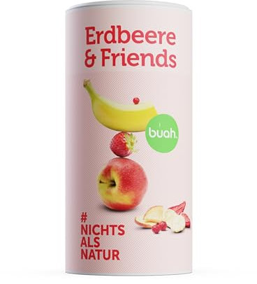 BUAH® Gefriergetrocknete Früchte Mix | Gefriergetrocknete Erdbeeren, Bananen, Äpfel & Johannisbeeren ohne Zuckerzusatz | 100% Frucht | Vegan, Glutenfrei, Laktosefrei (140g)