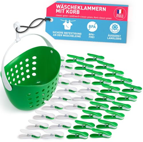 culiclean Pince a Linge Soft Clips – Panier Epingle a Linge – Fabriqué en France – Classic Green-Blanc avec Panier Classic Green – Lot de 40 Pinces + 1 Panier