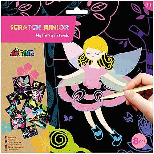 Avenir Scratch Junior | My Fairy Friends | Scratch the special black paper to create magical fairy designs | 8 foil scratch boards and scratch pen | Kids Ages 3+