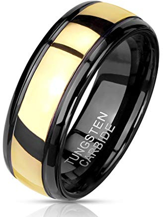 Paula & Fritz® Ring Herren Wolframcarbid goldene Mitte Gr. 59 (18,8) - 70 (22,3) Schwarz/Gold 8-mm Breit Damen-Ring Partnerring Bandring Ehering