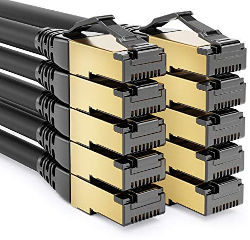 deleyCON 10x 0,5m Cable de Conexión CAT8.1 Cable de Red Cable de Datos S/FTP PIMF 2000MHz 40Gbit RJ45 Cable LAN DSL Cable Ethernet CAT.8 Conector RJ45 - Negro