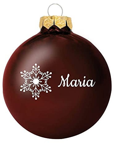 Deitert Weihnachtskugel mit Wunschtext Gravur, Ø 8cm, personalisierte Christbaumkugel aus Glas (glänzend), Individueller Weihnachtsbaumschmuck Namen oder Spruch, Schneeflocken-Motiv Schoko