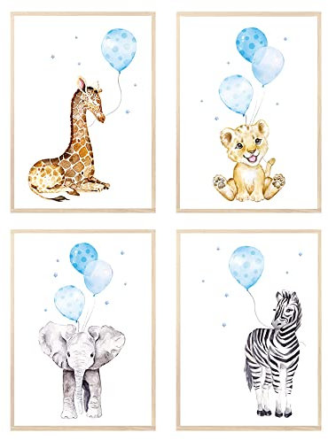 MeinBaby123® Bilder Kinderzimmer | 3er Set DIN A4 Poster Set | Wandbilder | Tiere Luftballon | Deko Bilder Kinderzimmer | Babyzimmer Deko I Wandposter Premium (Tiere & Luftballons blau)