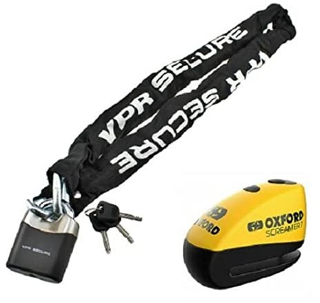 Oxford Screamer 7 Motorcycle Alarm Disc Lock Yellow/Black VPR Sabre Motorbike Scooter Security Black Chain Lock 1.2m