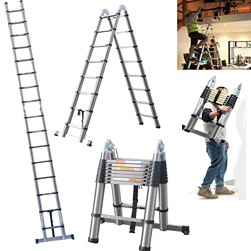 Telescopic Ladder 5M/ 16.5 Feet 150kg Capacity Stainless steel A-Frame Ladders Portable Light Weight Compact Save Space for Home DIY Builder Supply Roof Work Decoration (2.5+2.5m)
