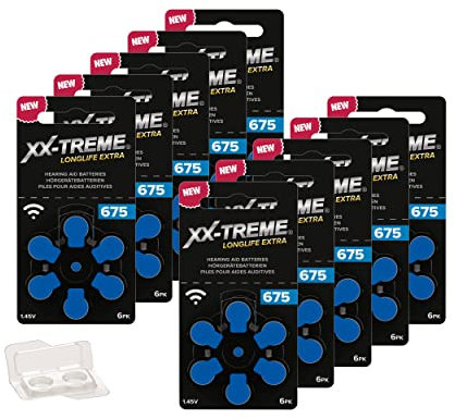 XX-Treme Longlife Extra Hörgerätebatterien Typ 675 PR44 ZL1 1,45 Volt, Farbcode blau, 60 Stück