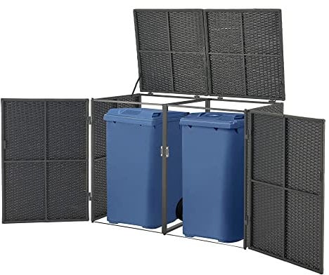 [en.casa] Cache Poubelle Solide Abri Extérieur pour 2 Conteneurs à Ordures et Déchets de 240 L Porte à Fermeture Magnétique Acier Polyrotin 111 x 148 x 80 cm Gris Foncé