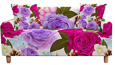 Mateju 3D Rosendruck Stretch Sofabezug 1/2/3/4 Sitzer, Antirutsch Sofaüberwürfe Ecksofa Couchbezug L Form Sofa Spannbezug Sesselbezug für Wohnkultur (Lila Rose,1-Sitzer 90-140cm)