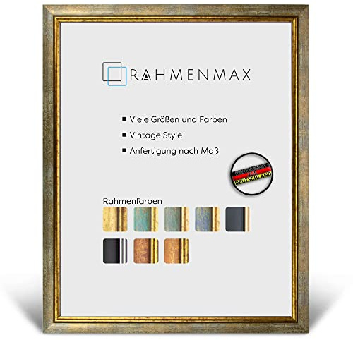 RahmenMax® Elsass Bilderrahmen 29x41 cm zum Aufhängen/Vintage Bilderrahmen Maßanfertigung möglich/Posterrahmen aus Holz/Bilder Rahmen in Türkis-Gold mit Acrylglas/Puzzle Rahmen