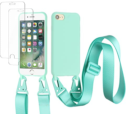 vrupin kompatibel mit iPhone 6/6S/7/8 Plus Handykette Hülle,[2 Stück Schutzfolie 9H Härte Gehärtete Folie].Necklace Hülle Nylon Schultergurt Weich Flüssiges Silikon-hellgrün