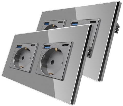 2er-Pack CNBINGO Glas Doppelsteckdose mit USB Ports (Typ-C und Typ-A unterstützung 20W Schnellladen) - Zweifach Steckdose Unterputz in Grau - Schuko Schutzkontakt Wandsteckdose mit Glasrahmen