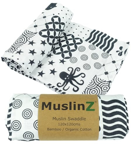 MuslinZ Newborn Sensory Muslin squares in Black and White for Visual Stimulation and Play, Tummy Time, Exlarge Muslin for baby, Bamboo with Organic Cotton. (Sensory, 120x120cms)