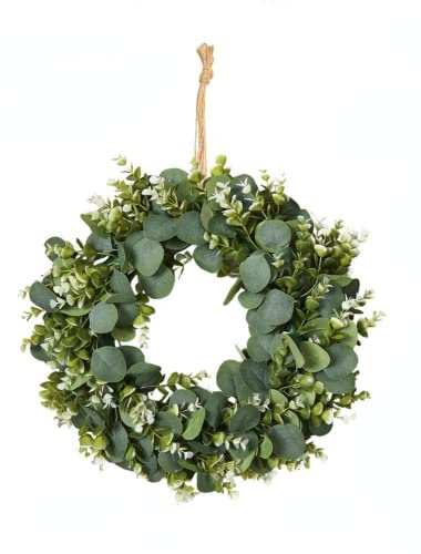 HAOSHCIS Artificial Eucalyptus Wreath with Flowers Faux Green Leaves Eucalyptus Wreath for Front Door Wall Festival Celebration Fireplace Window Party Decor (B)