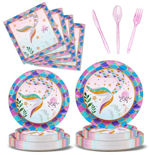 Nkaiso Vajilla para Fiesta de Sirenas, 144 Piezas Sirena de Vajilla, Cumpleaños Infantil Party Decoración Set con Platos Servilletas Reutilizable Cubiertos - 24 Invitados