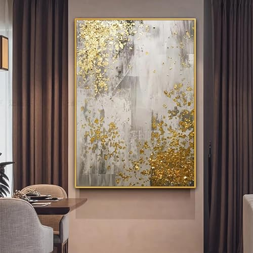 Pintura al óleo abstracta sobre lienzo, lámina dorada, cuadro de arte de pared grande para sala de estar, listo para colgar, decoración del hogar, 45x60cm/18x24 pulgadas con marco dorado
