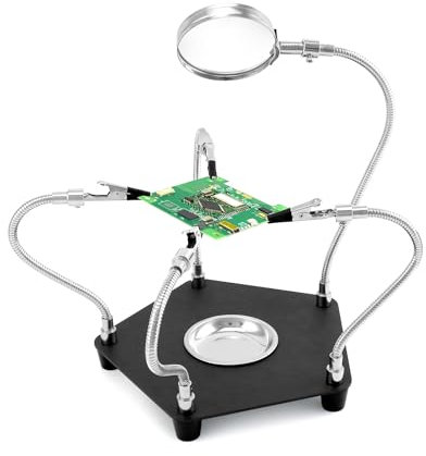 QWORK® Estación de soldadura de tercera mano con lupa 3X y 4 brazos flexibles, ayuda para soldar para electrónica, joyería, manualidades y más