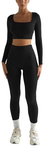 Dreamskull Sportanzug Trainingsanzug Damen Frauen 2 Teiler Bauchfrei Eng Yoga Gym Fitness Sport Anzug Kleidung Zweiteiler Damen Set Sale Sportwear Langarm Crop Top Oberteil Leggings Joggingsanzug