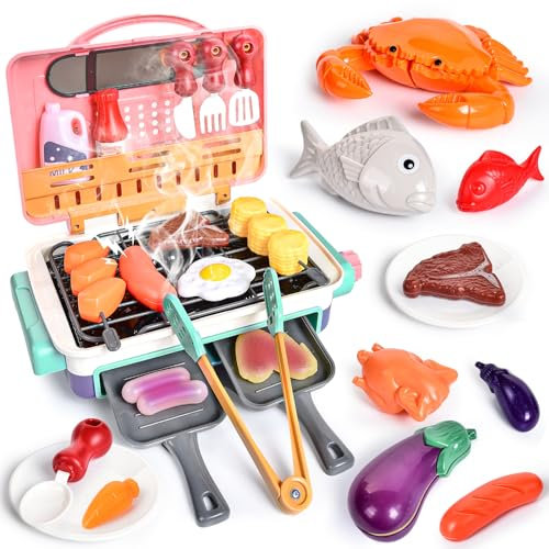 IEEILULU 27 Pcs Juego de Barbacoa, Juguetes de Cocina para Niños, Barbacoa de Exterior Playset, Juego de Platos de rol, Regalos Creativos para Niños Partir de 3 Años (Rosa)