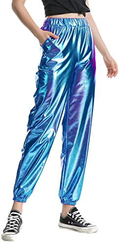 Damen Metallic Glänzend Jogger Casual Holographische Farbe Streetwear Hosen Hip Hop Mode Glatte Elastische Hosen Tanzhosen Party Disco Clubwear