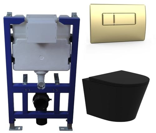 Verona Matt Black Wall Hung Rimless Toilet with Soft Close Seat Brass Pneumatic Flush Plate 820mm Frame & Cistern