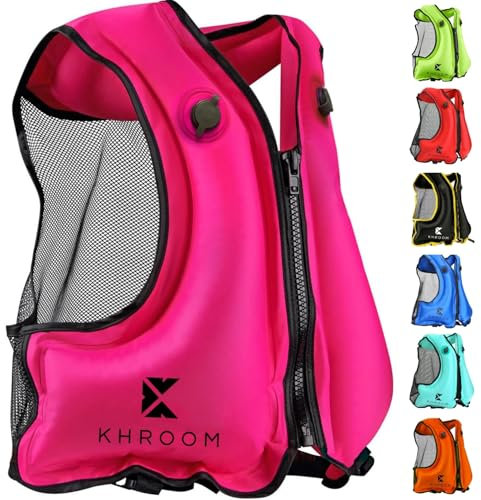 Khroom aufblasbare Schwimmweste Erwachsene nach neuester EU-Norm | 150-210 cm Körpergröße, bis 100 kg | Auftriebsweste Schnorchelweste ab Jugendliche | Schnorcheln, Kajakfahren und SUP (V2 Pink)