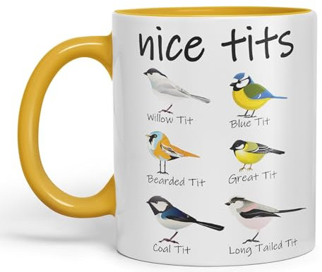 Vixar Yellow Ceramic 11oz Bird Tit Mug, 330ml, Reusable, Microwave & Dishwasher Safe, Novelty Gift, Home, Hot Drinks, Medium Size, Cylindrical Shape, 8.5cm W x 8.3cm H, Coffee Cup, Mug