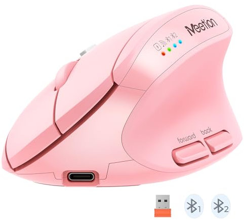 MEETION Souris sans Fil Rose, Souris Ergonomique, Souris Verticale Rechargeable Bluetooth, 4 DPI 800-2400, Souris Bluetooth pour Windows/Mac, pour Ordinateur Portable/PC/Bureau/Ordinateur Rose