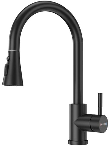 BLYLUND Matte Black Kitchen Tap with Pull Out Sprayer 3 Modes, Swivel Single Stainless Steel Modern Kitchen Taps Mixer High Arch Single Handle Kitchen Sink Taps for UK Standard Fittings